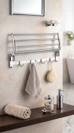 304 Stainless Steel Folding Towel Rack with Towel Ring Combo | Wall Mounted Bathroom Accessories Set - Image 2